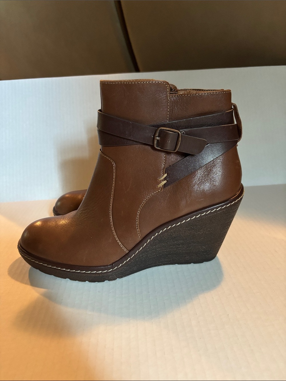 Women’s Sofft Brown Wedge Ankle Boots with Buckle Strap